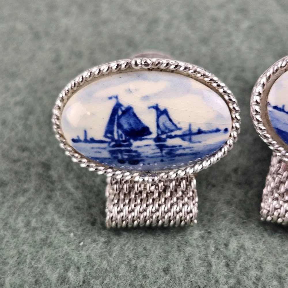 Vintage Swank Arts of the World Delft Porcelain Sailboat Mesh Wrap Cufflinks